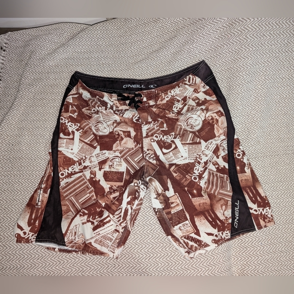 O'Neill Men's Graphic Brown Board Shorts Vintage Sports Skater Surfboard Style